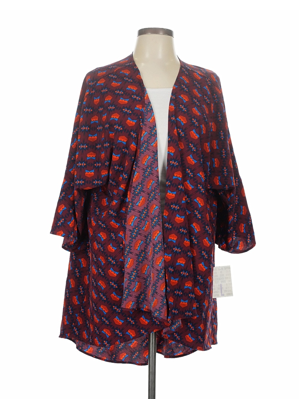 LuLaRoe Draped Open-Front Kimono in Burgundy and Red Accents